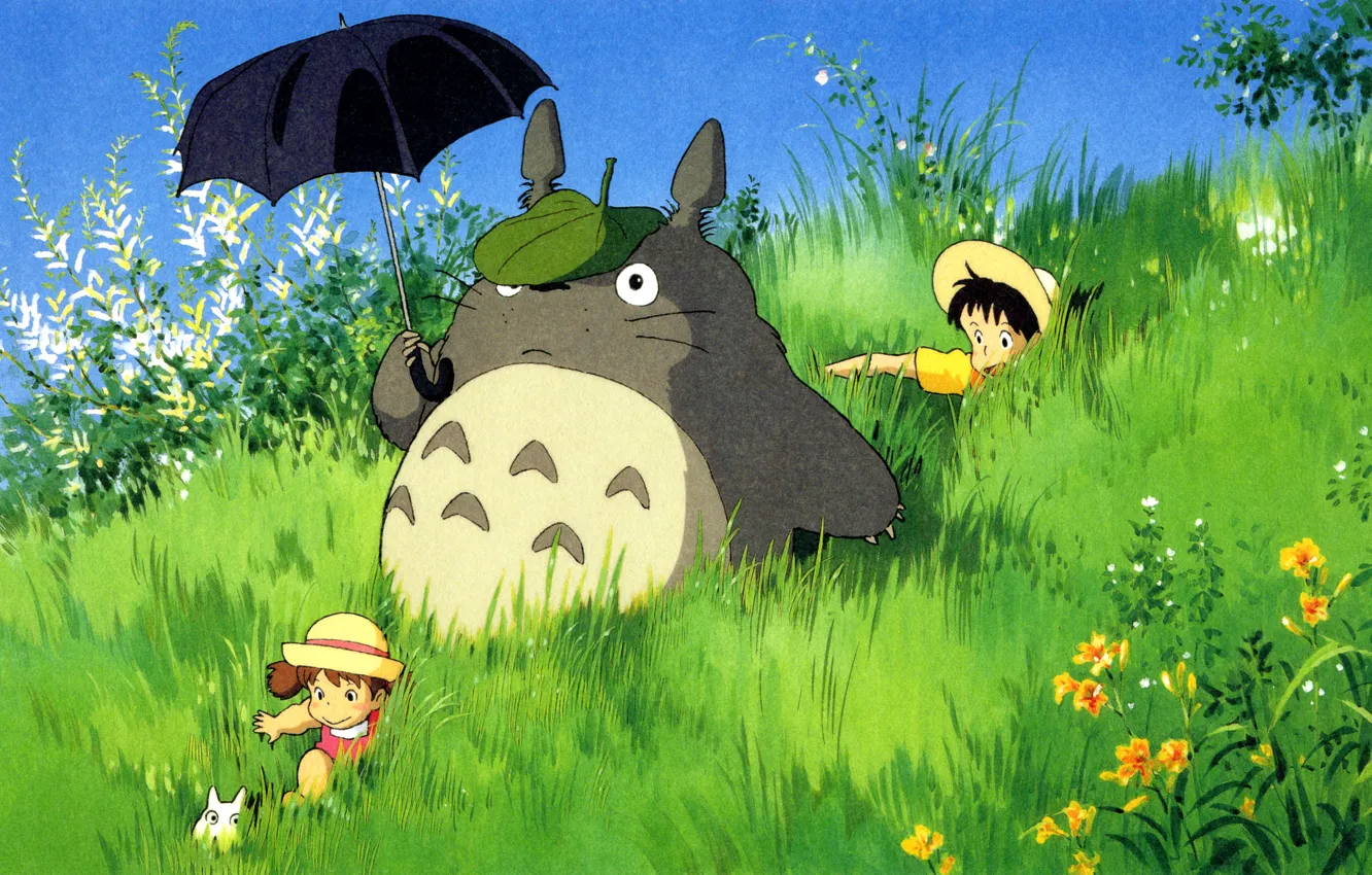 Фото обои лето, трава, дети, шляпа, существо, зонт, прогулка, мой сосед тоторо