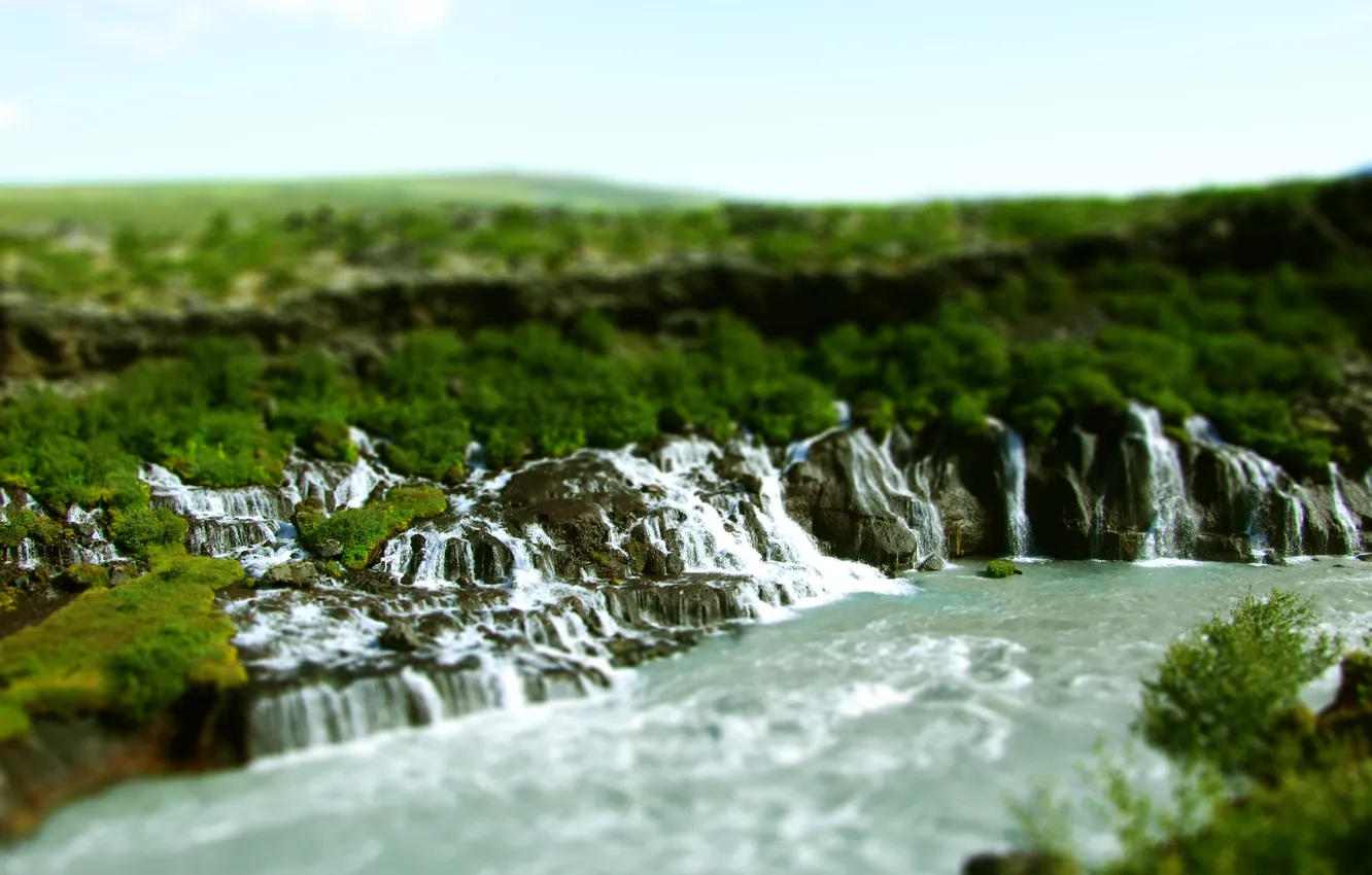 Фото обои природа, река, поток, водопады, эфект, уменьшеный