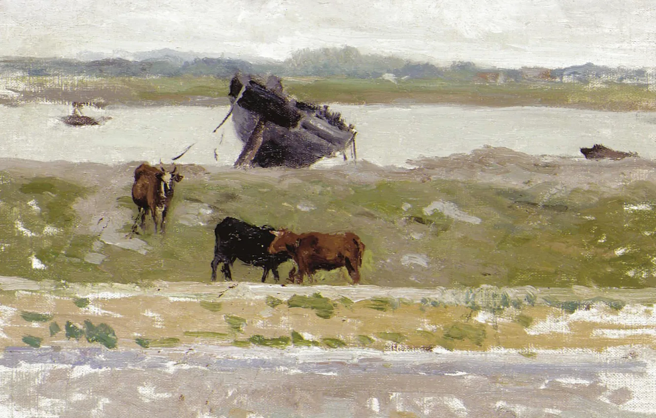 Фото обои пейзаж, картина, Henri Le Sedaner, Анри Ле Сиданэ, Коровы возле Старой Лодки. Этапль