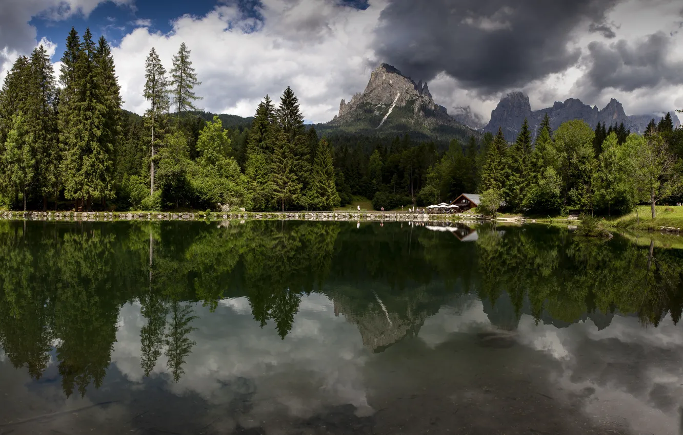 Фото обои лес, облака, пейзаж, горы, природа, озеро, Италия, коттедж