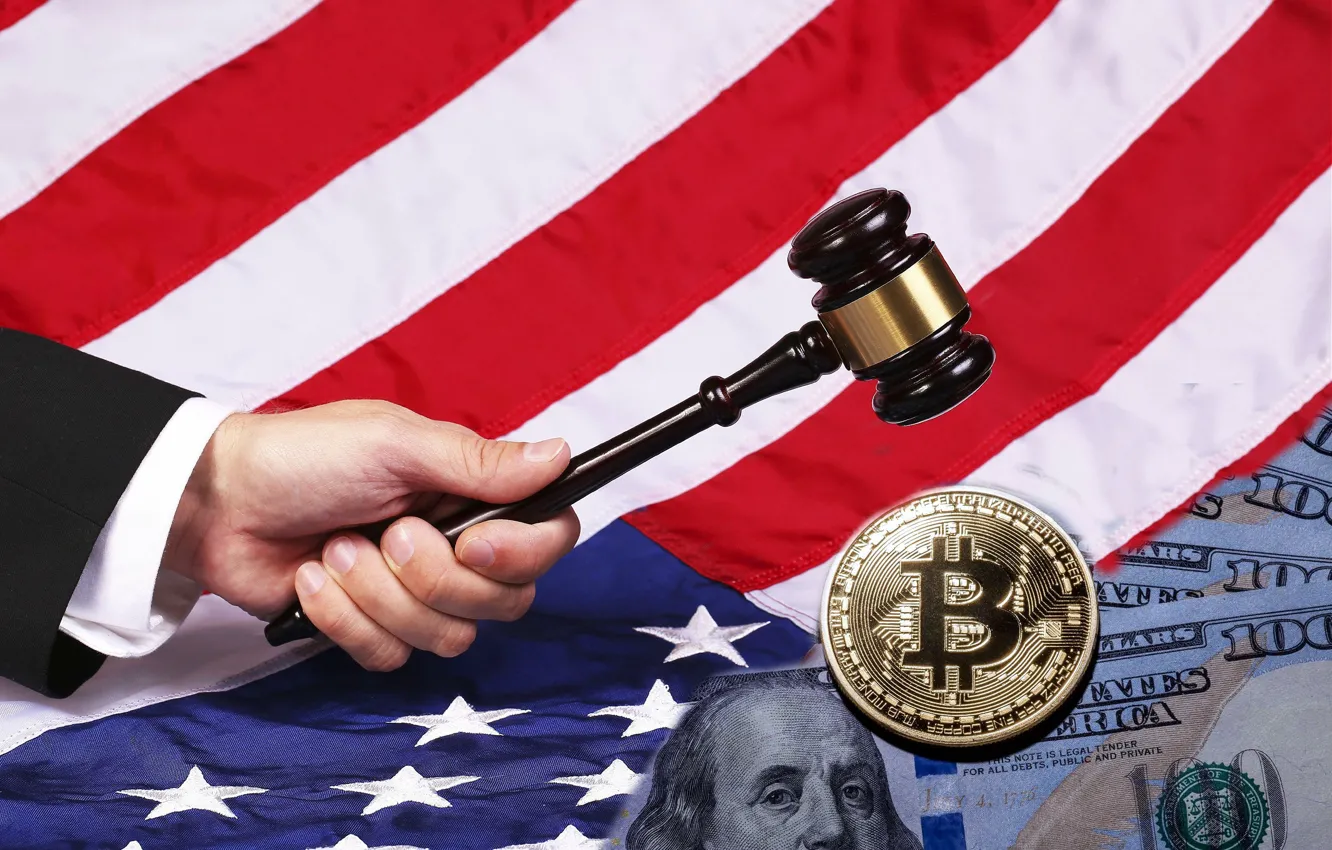 Фото обои флаг, молоток, америка, america, flag, bitcoin, биткоин, молоточек