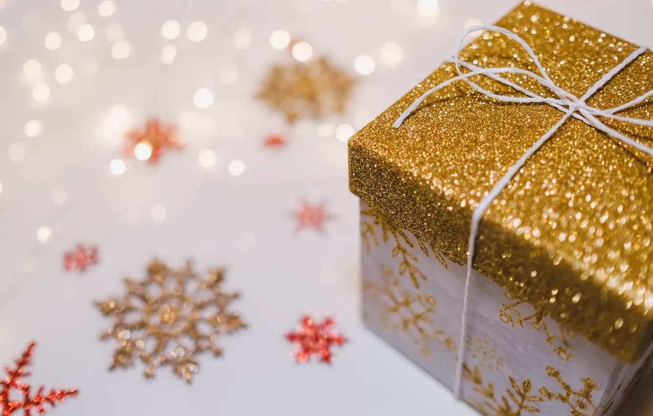 Фото обои украшения, снежинки, сияние, праздник, коробка, подарок, блеск, Новый год