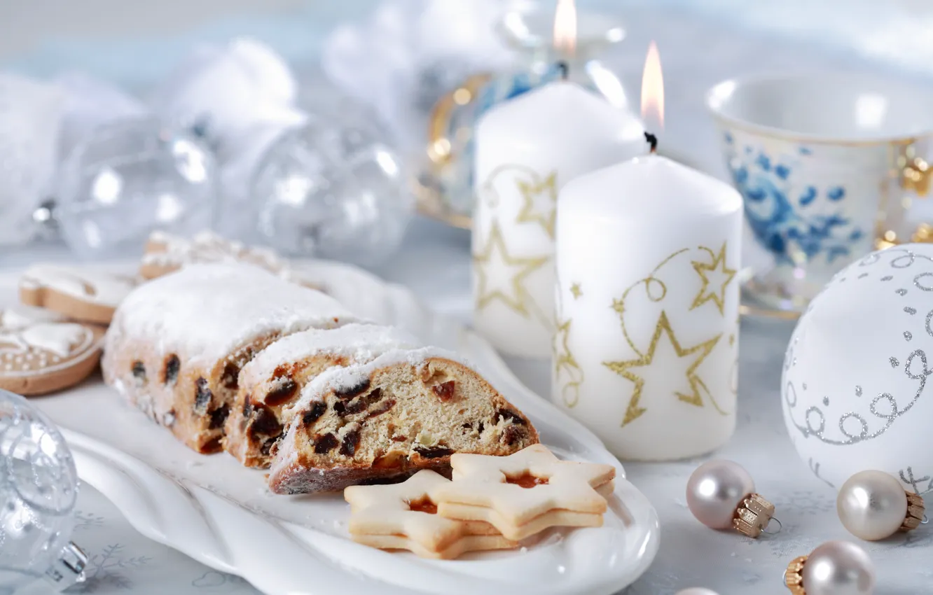 Фото обои шарики, чай, свечи, печенье, Рождество, Новый год