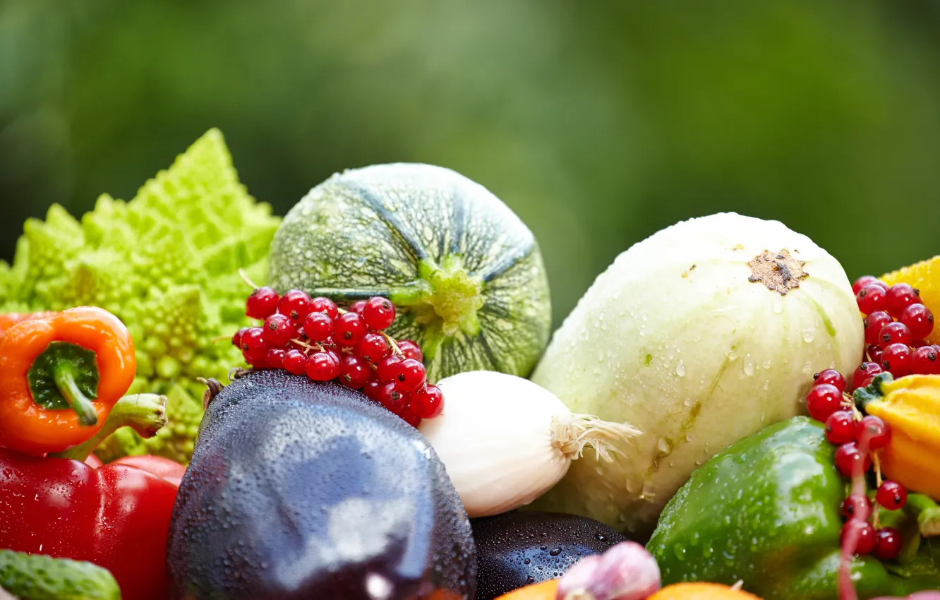 Фото обои баклажаны, фрукты, овощи, смородина, кабачки