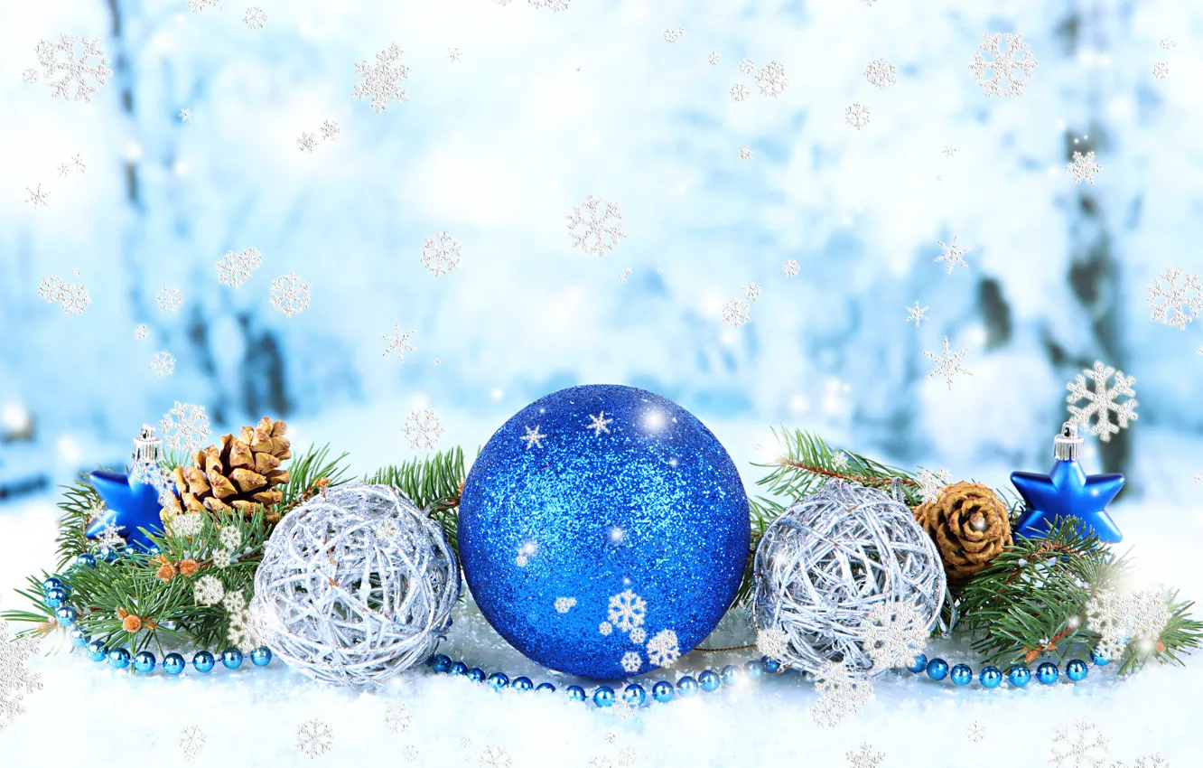 Фото обои шарики, снежинки, фото, Рождество, Новый год, шишки, праздники
