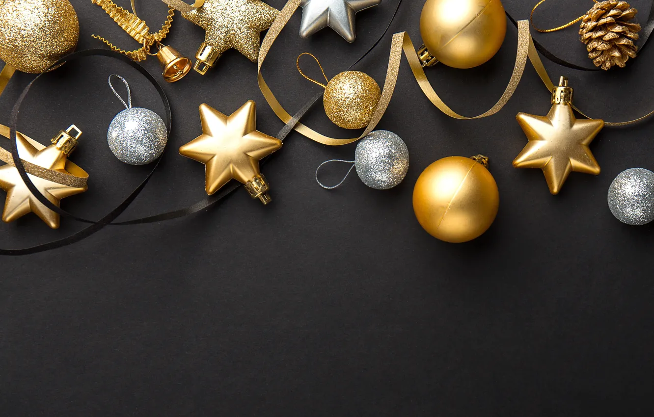 Фото обои украшения, золото, шары, Новый Год, Рождество, golden, черный фон, black