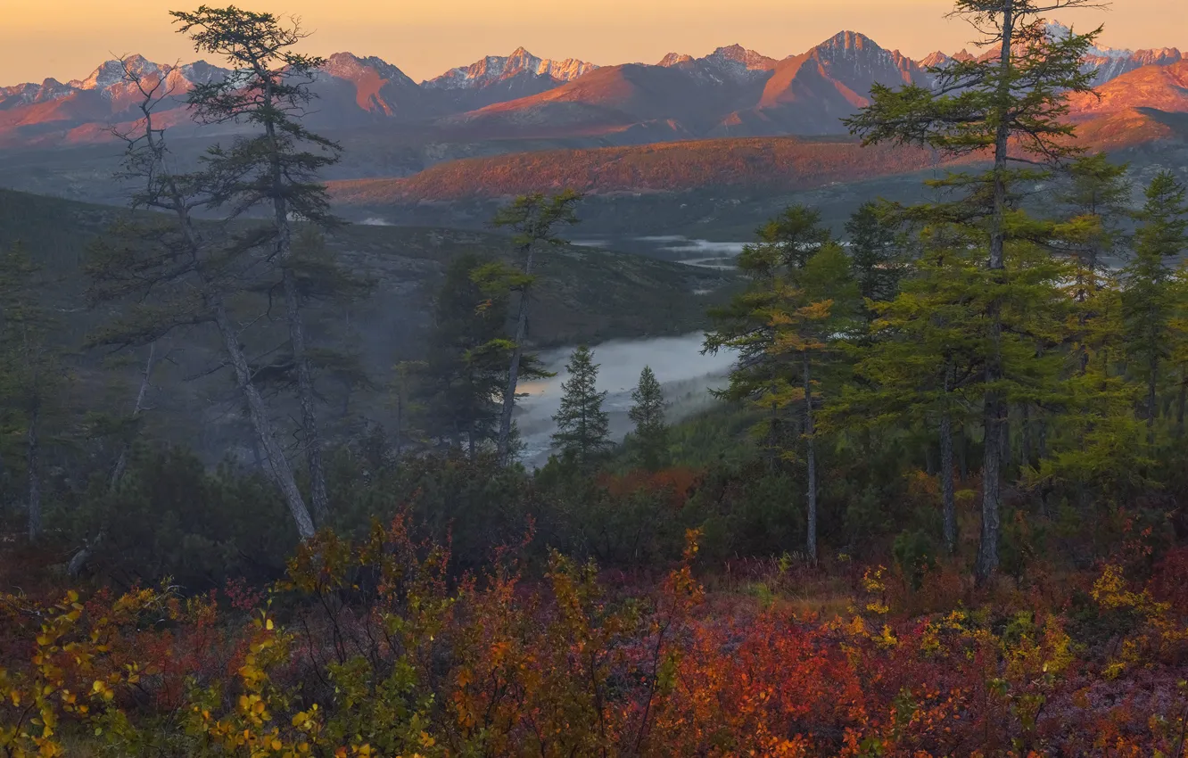 Фото обои осень, деревья, пейзаж, горы, природа, озеро, рассвет, холмы