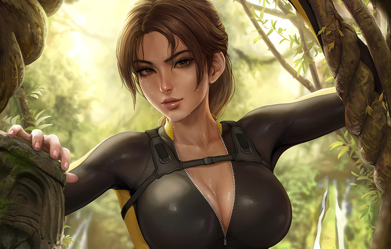 Фото обои Tomb Raider, girl, sexy, wet, cleavage, blouse, long hair, brown hair