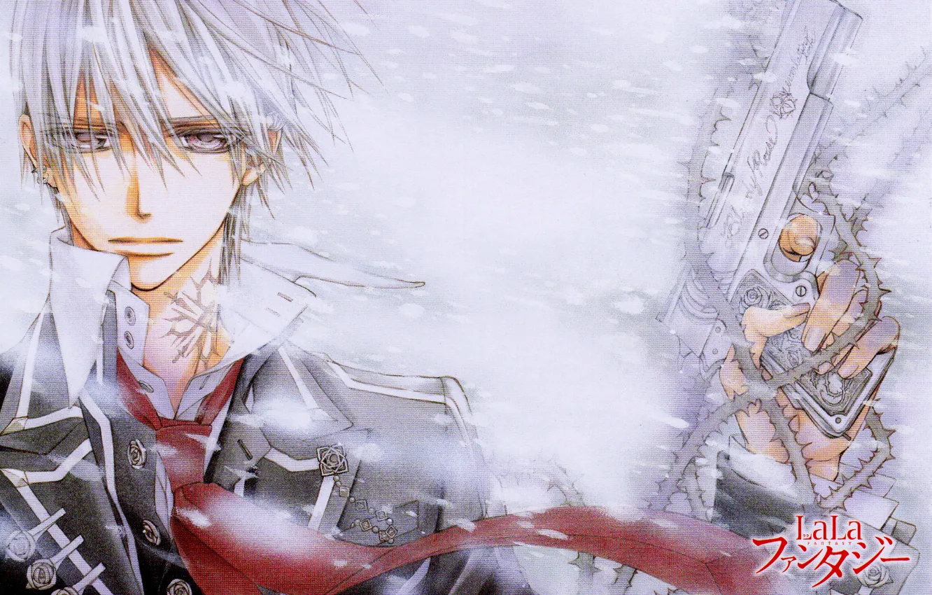 Фото обои снег, пистолет, шипы, белые волосы, art, vampire knight, matsuri hino, zero kiryu