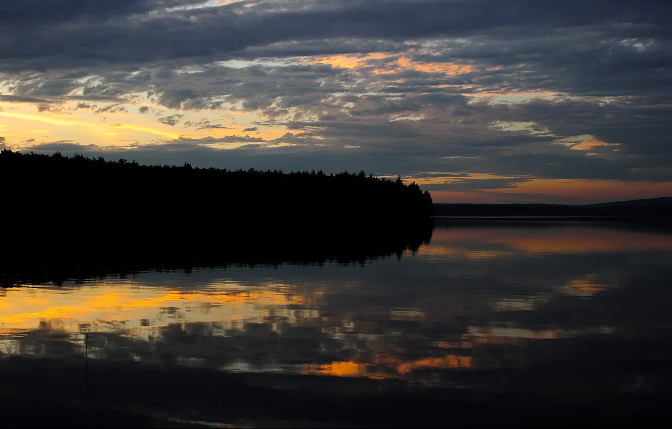 Фото обои лес, закат, озеро, вечер, зеркало