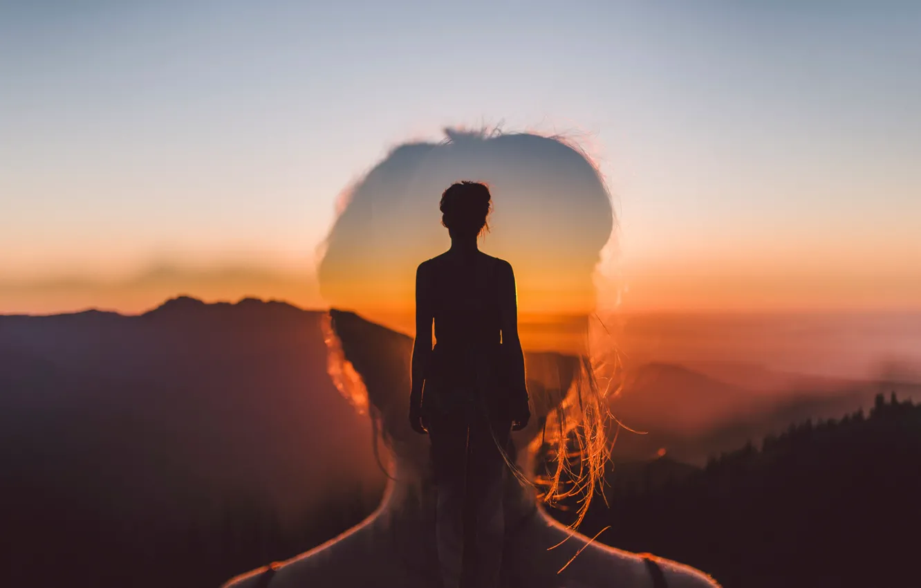 Фото обои девушка, закат, силуэт, double exposure, Believe In Yourself, Isaac Gautschi