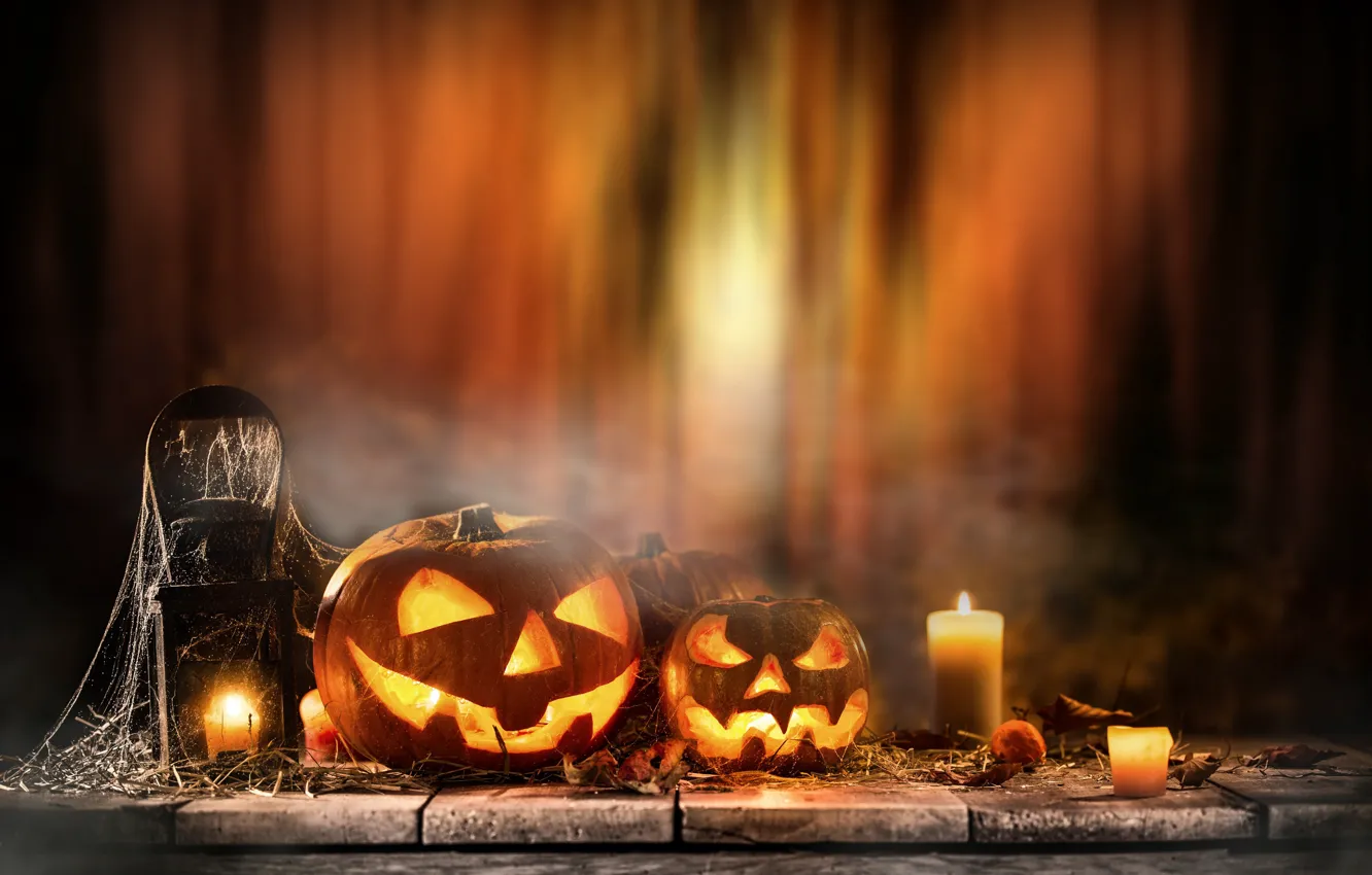 Фото обои праздник, свечи, тыквы, Хэллоуин