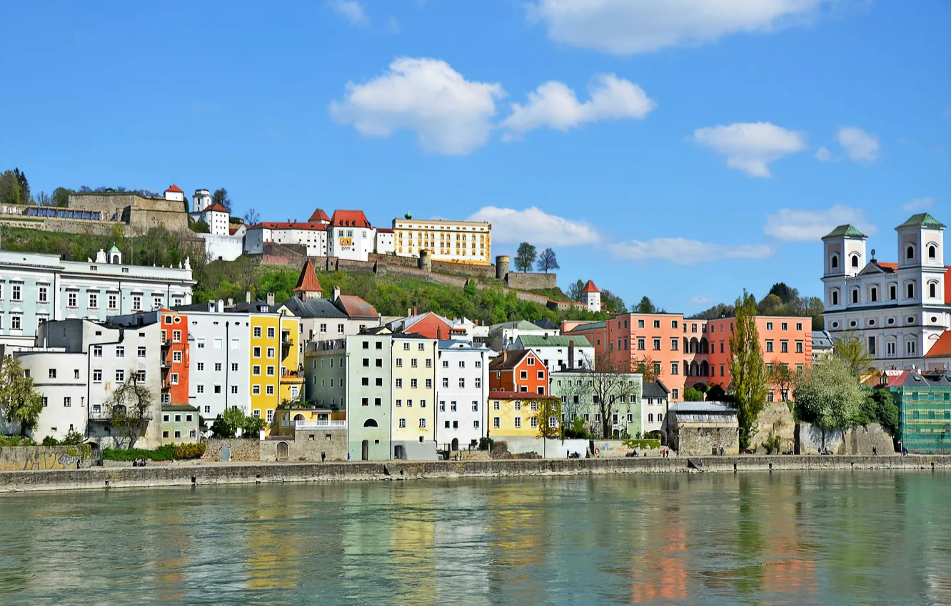 Фото обои Дома, Германия, Бавария, Germany, Bavaria, Пассау, Passau, Река Инн