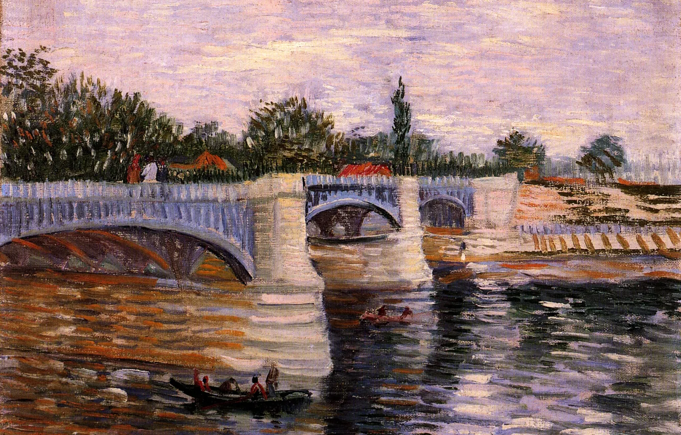 Фото обои мост, люди, лодка, Винсент ван Гог, with the Pont de la Grande Jette, The Seine