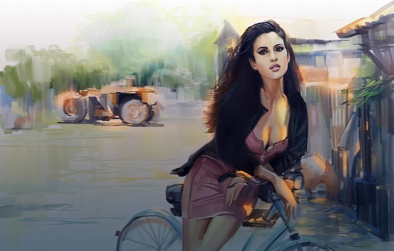 Фото обои взгляд, велосипед, улица, арт, нарисованная девушка