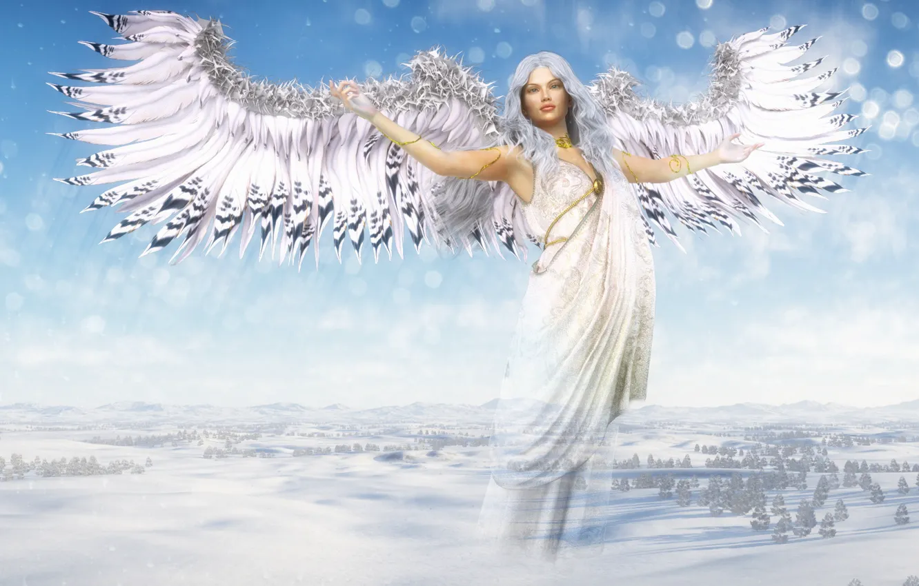 Фото обои зима, девушка, крылья, ангел
