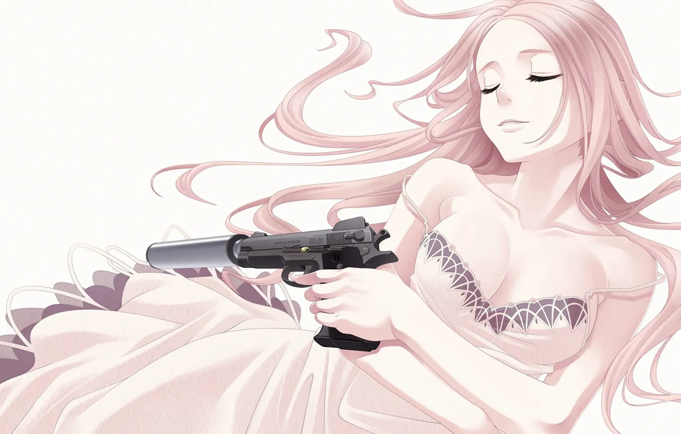 Фото обои девушка, декольте, корсет, белое платье, длинные волосы, закрытые глаза, пистолет с глушителем