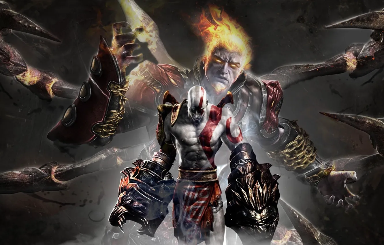 Фото обои fire, flame, sword, armor, Kratos, God of War, lion, general