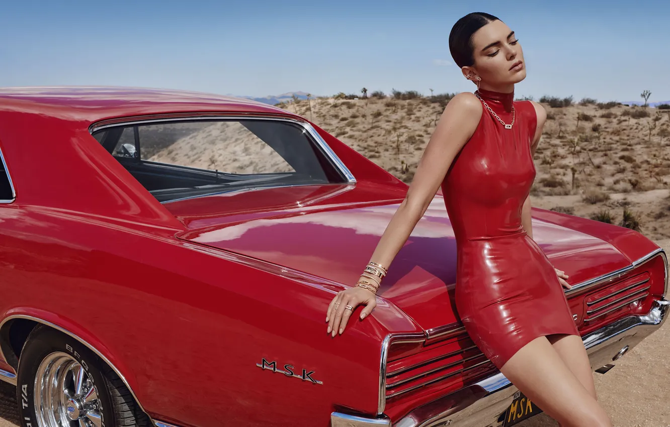 Фото обои авто, девушка, фото, красное, модель, платье, красотка, Kendall Jenner