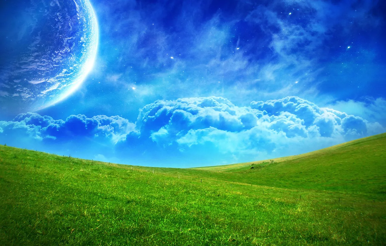 Фото обои поле, облака, синий, зеленый, планета