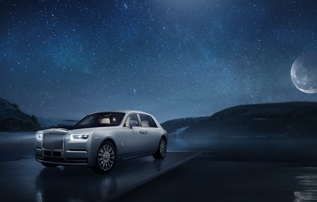 Фото обои машина, небо, луна, звёзды, Rolls-Royce, Phantom, Tranquillity