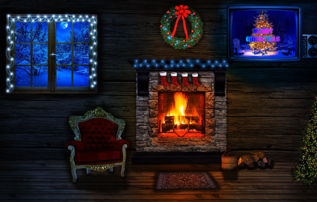 Фото обои интерьер, кресло, Рождество, камин