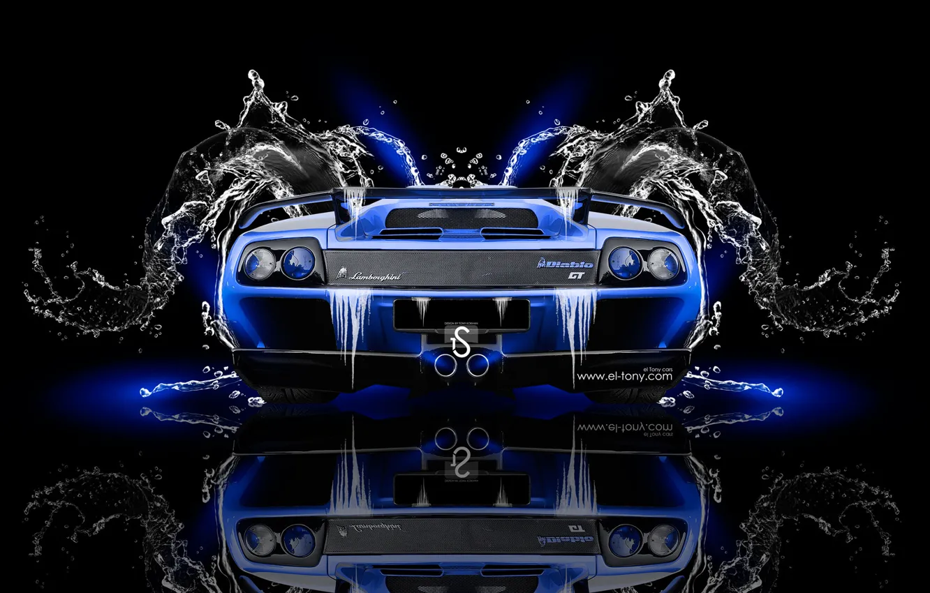 Фото обои Вода, Черный, Синий, Lamborghini, Неон, Стиль, Обои, Фон
