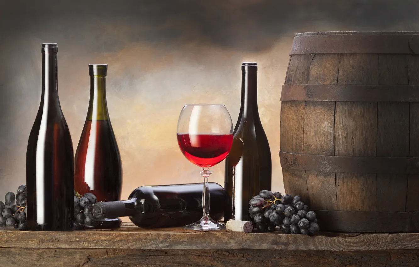 Фото обои вино, бутылка, виноград, бочка, wine, grapes, bottle, barrel