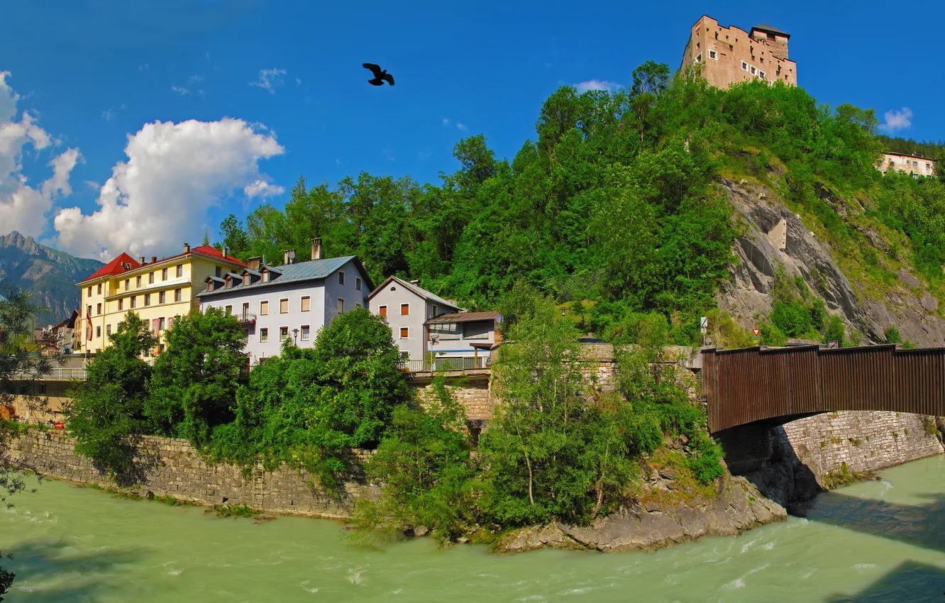 Фото обои город, река, гора, дома, Австрия, архитектура, houses, Austria