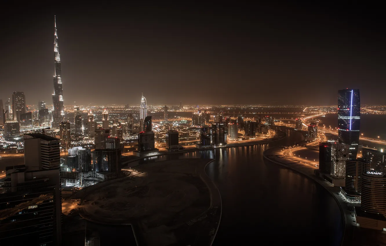 Фото обои city, огни, дома, Дубай, Dubai, высотки, панорама., Naght