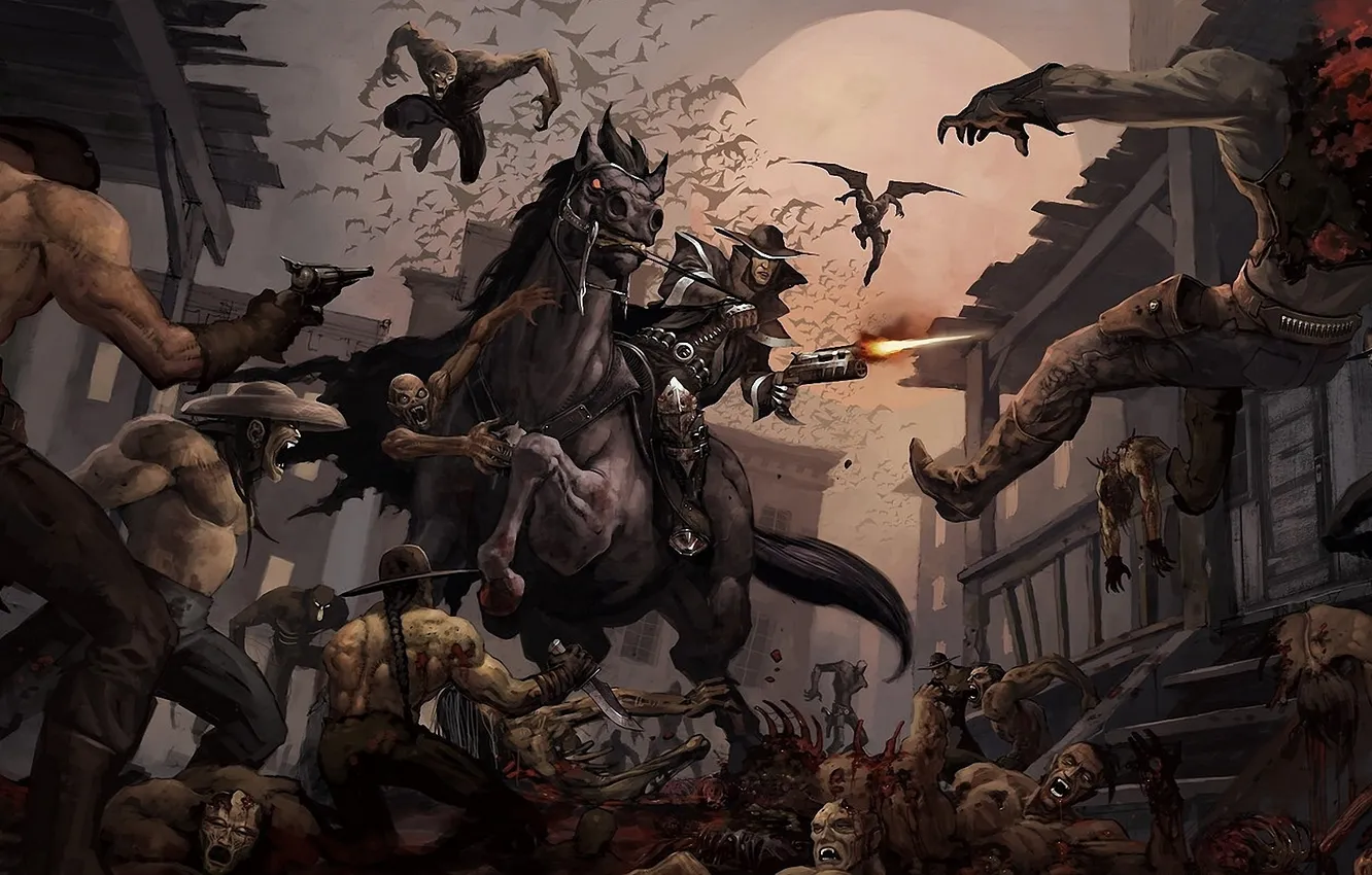 Фото обои город, оружие, конь, луна, зомби, всадник, битва, трупы