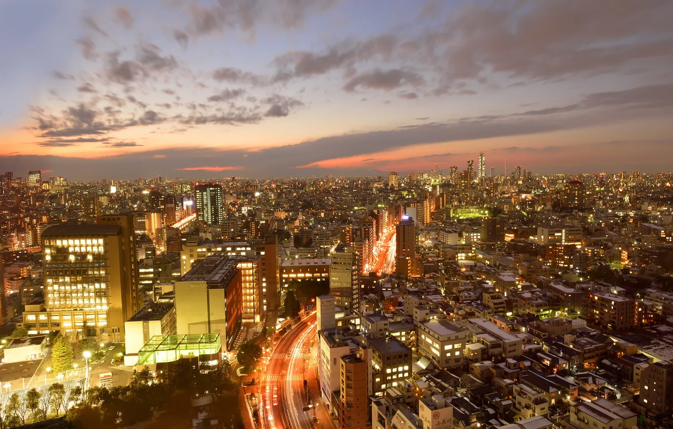 Фото обои огни, дома, небоскребы, Токио, сумерки, мегаполис