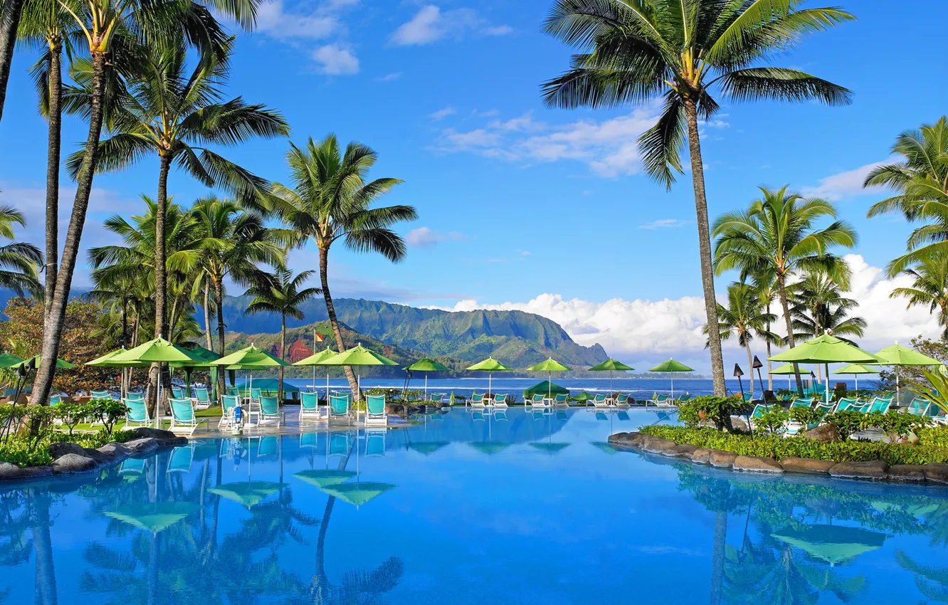 Фото обои горы, пальмы, бассейн, Гавайи, отель
