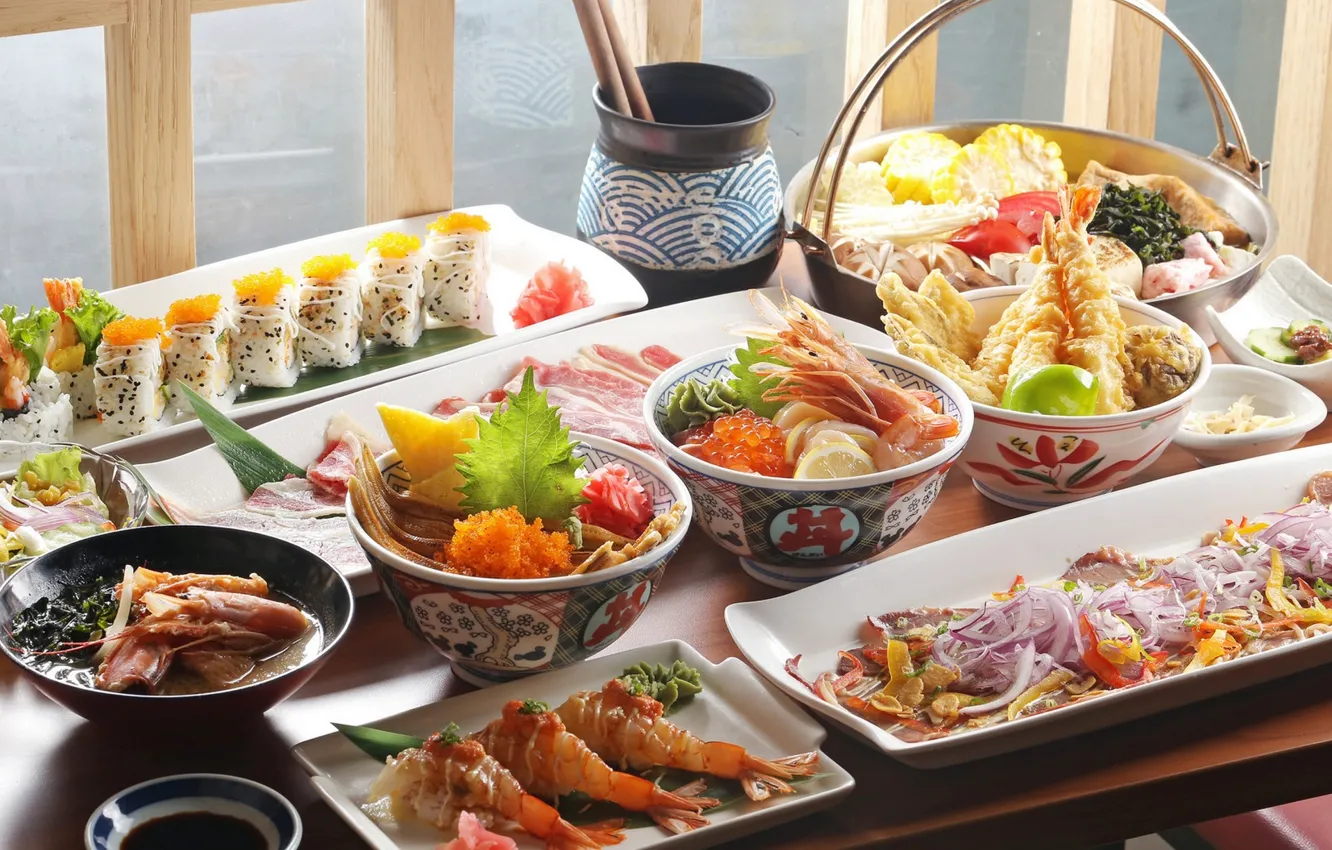Фото обои овощи, икра, суши, креветки, морепродукты, блюда, ассорти, китайская кухня