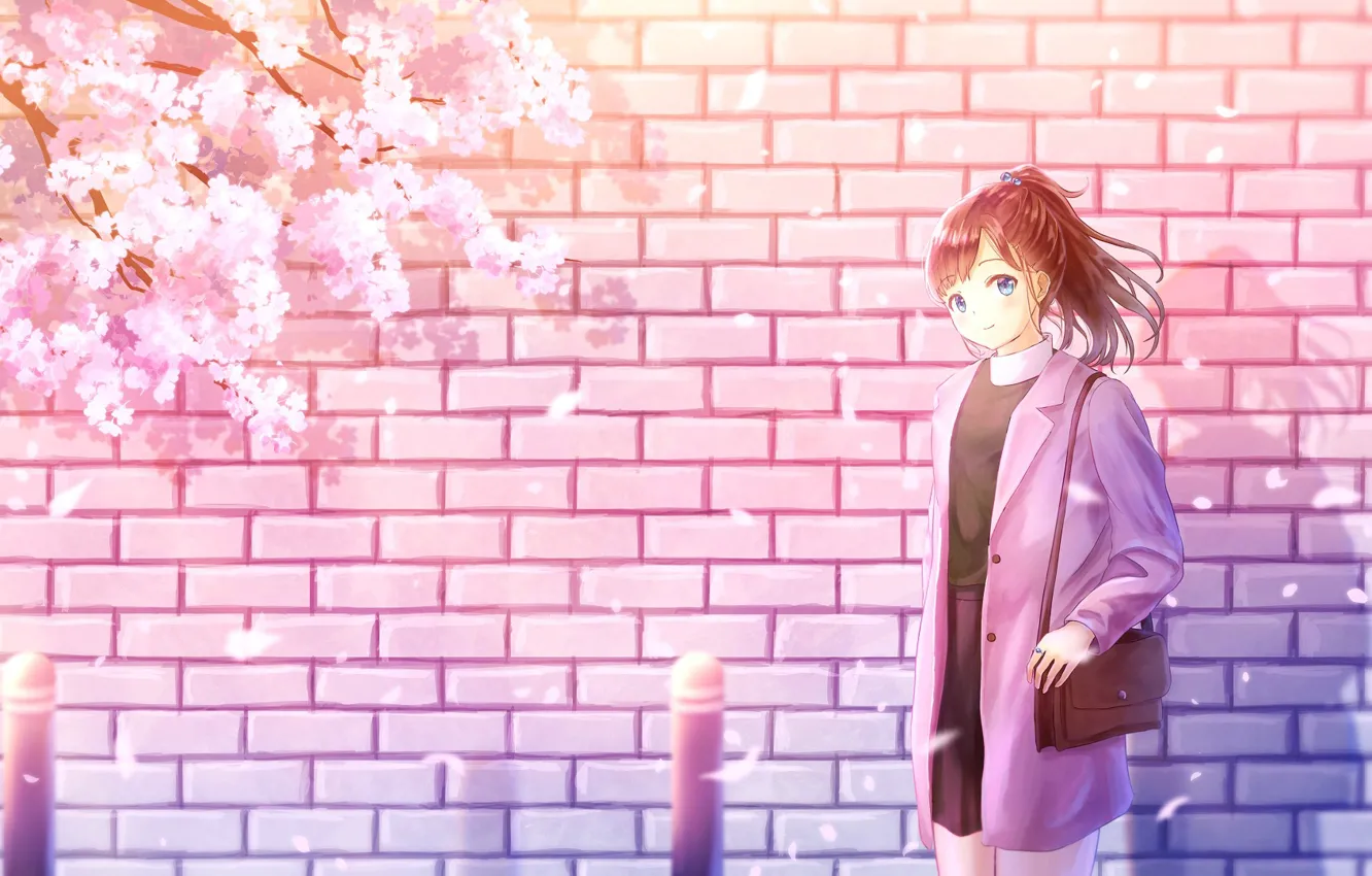 Фото обои девушка, стена, весна, сакура, кирпичная стена