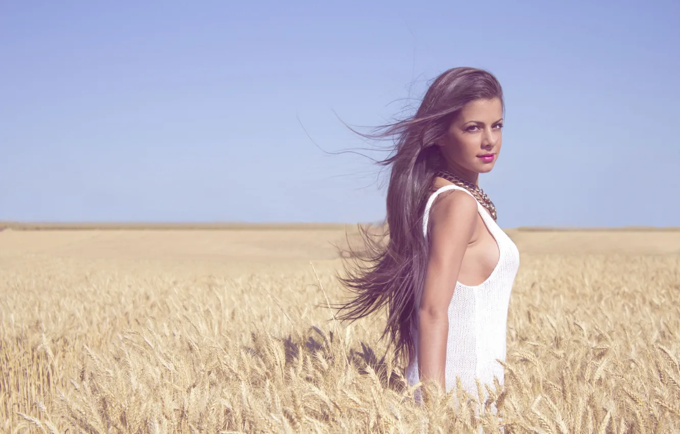 Фото обои girl, dress, lips, hair, wind, wheat, wheat field, sunny