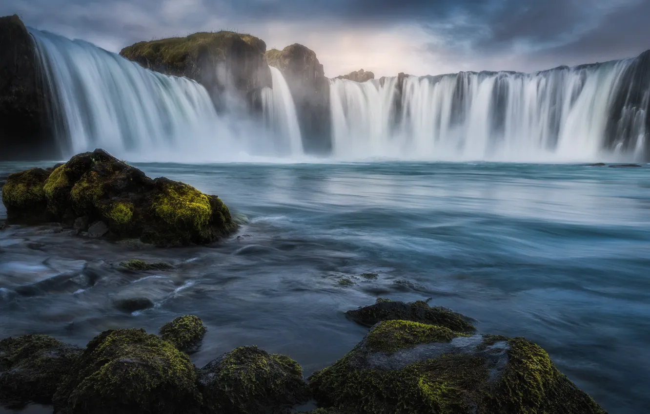 Фото обои река, камни, водопад, Исландия, Iceland, Godafoss, Годафосс, Река Скьяульвандафльоут