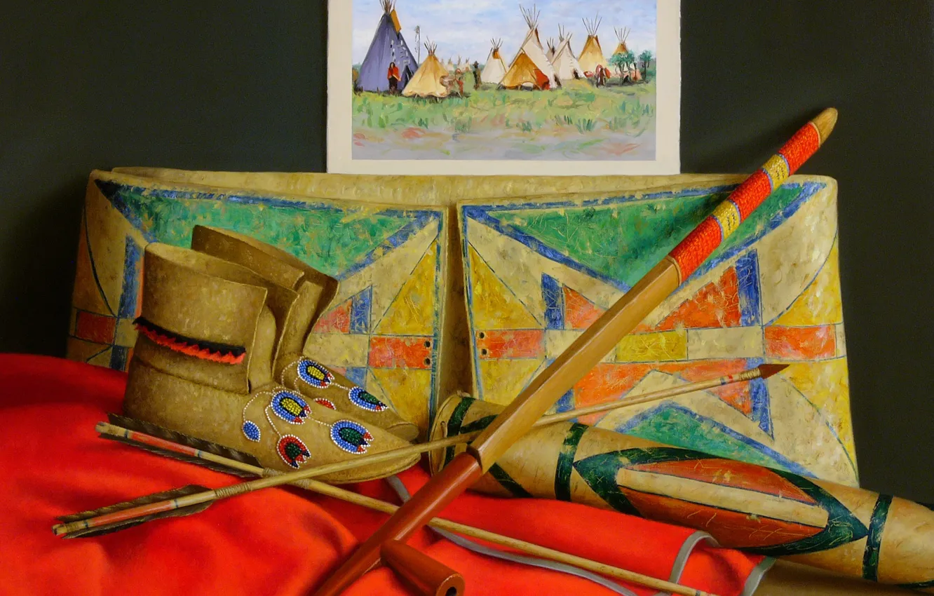 Фото обои картина, трость, сапожки, стрелы, Still life, Many Crow, William Acheff, Индейский натюрморт