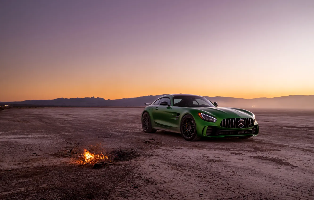 Фото обои дизайн, зеленый, пустыня, вечер, Mercedes GTR