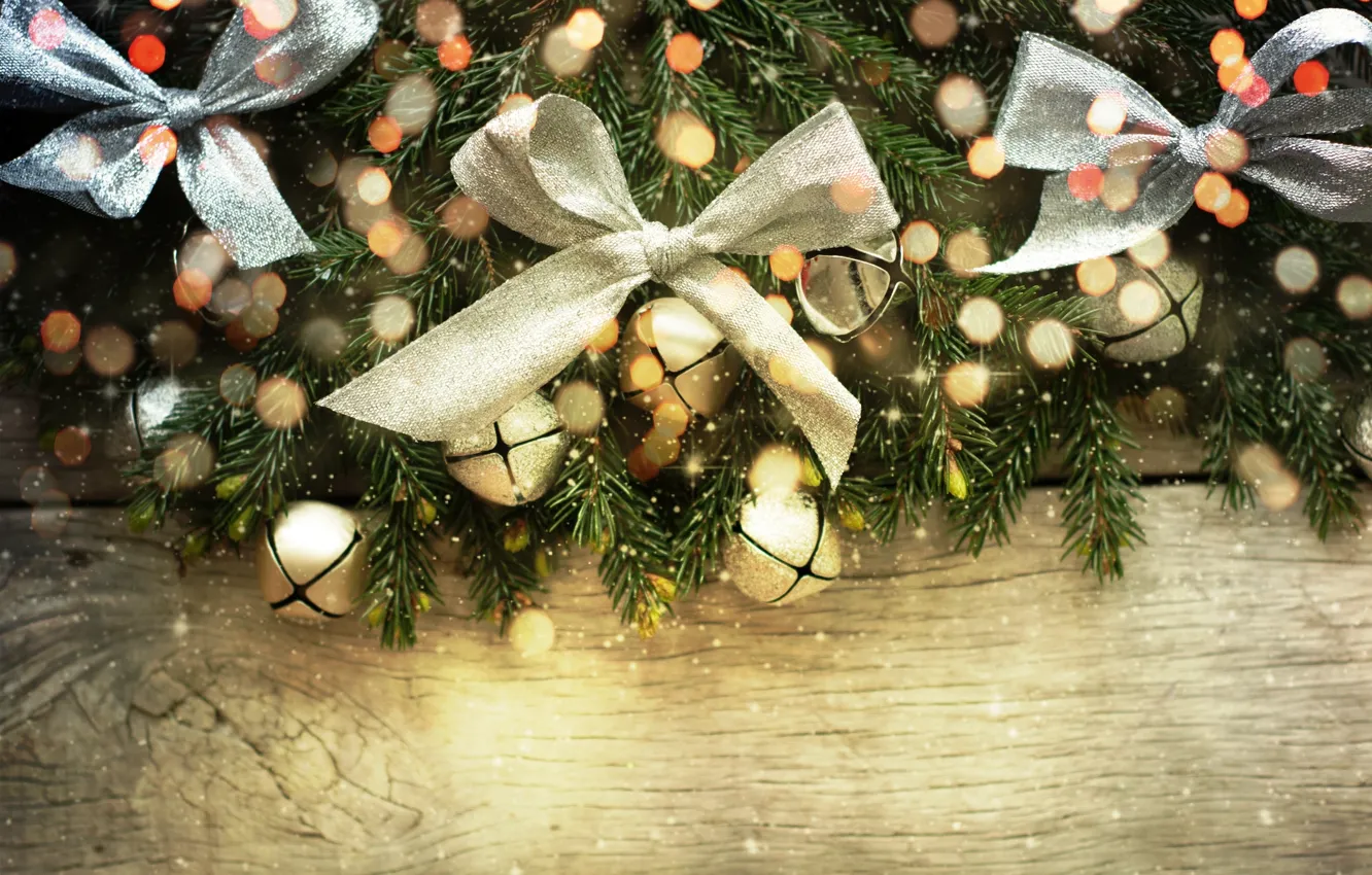 Фото обои украшения, елка, колокольчики, Christmas, банты, decoration, xmas, Merry
