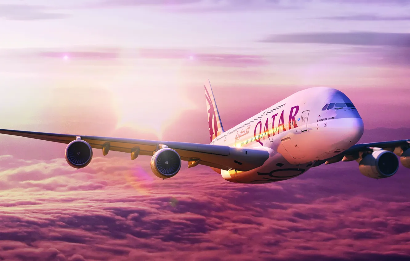 Фото обои Небо, Полёт, A380, Самолёт, Airbus, Аэробус, Qatar, Катар
