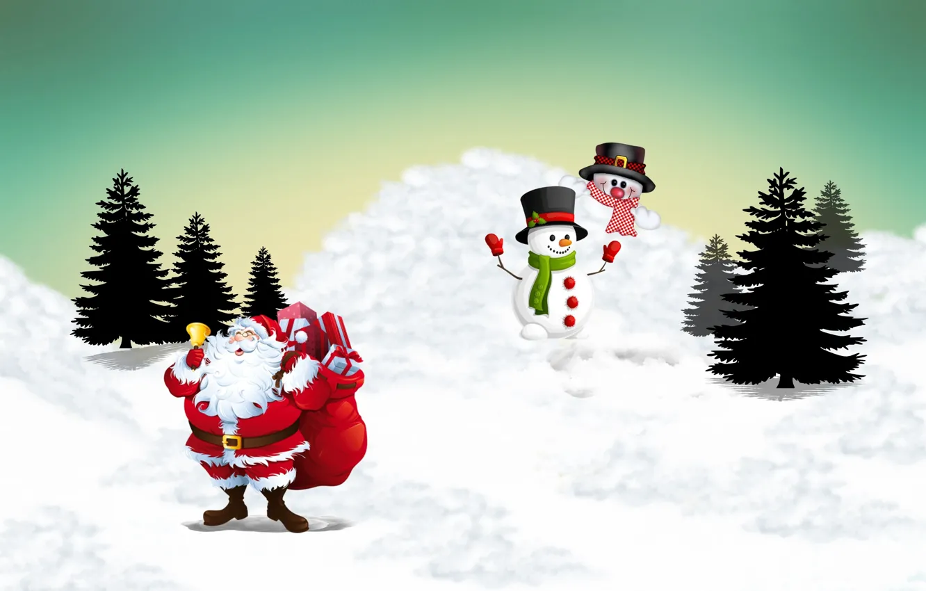 Фото обои Зима, Снег, Рождество, Новый год, Санта Клаус, Ёлки, Подарки, Снеговики