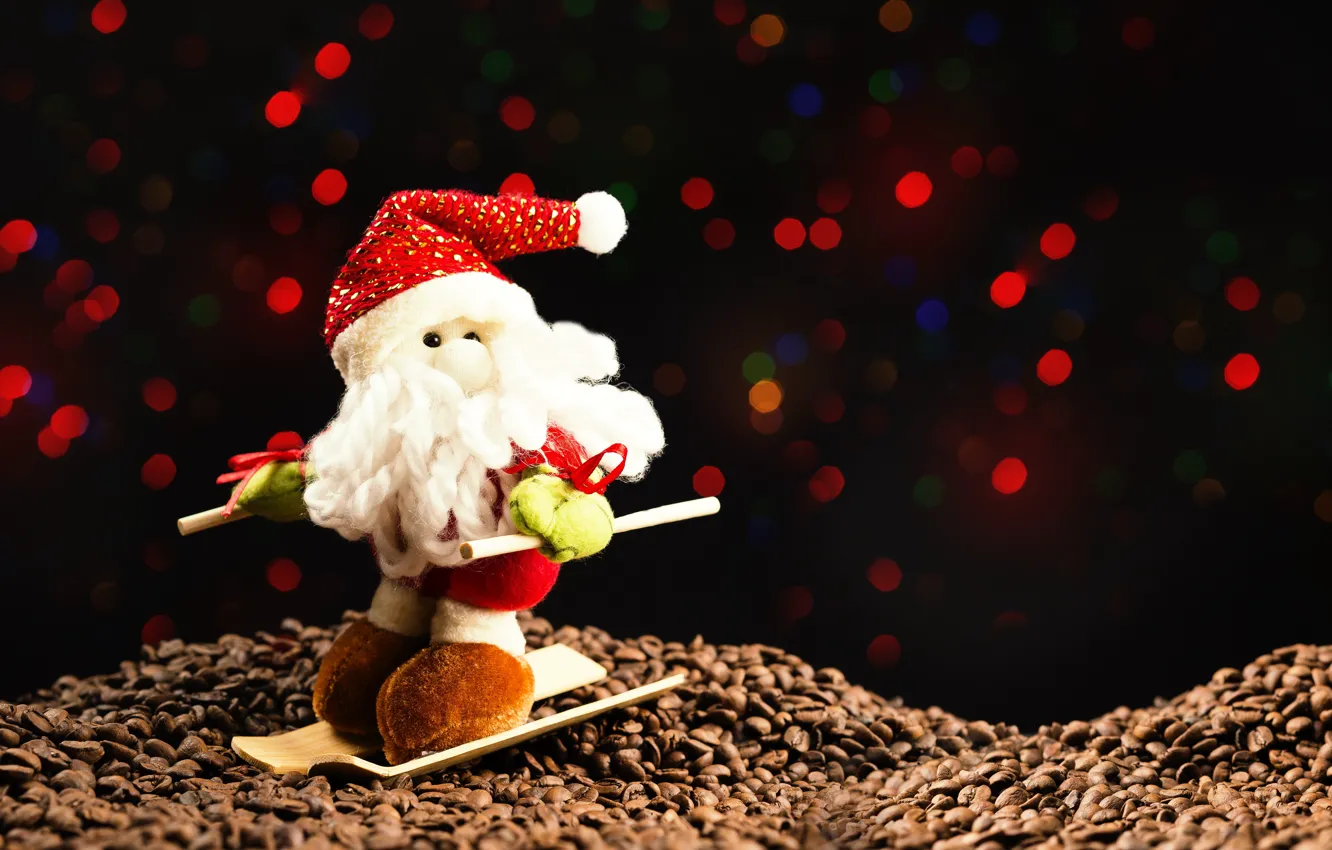 Фото обои зима, темный фон, праздник, игрушка, лыжи, кофе, огоньки, Рождество