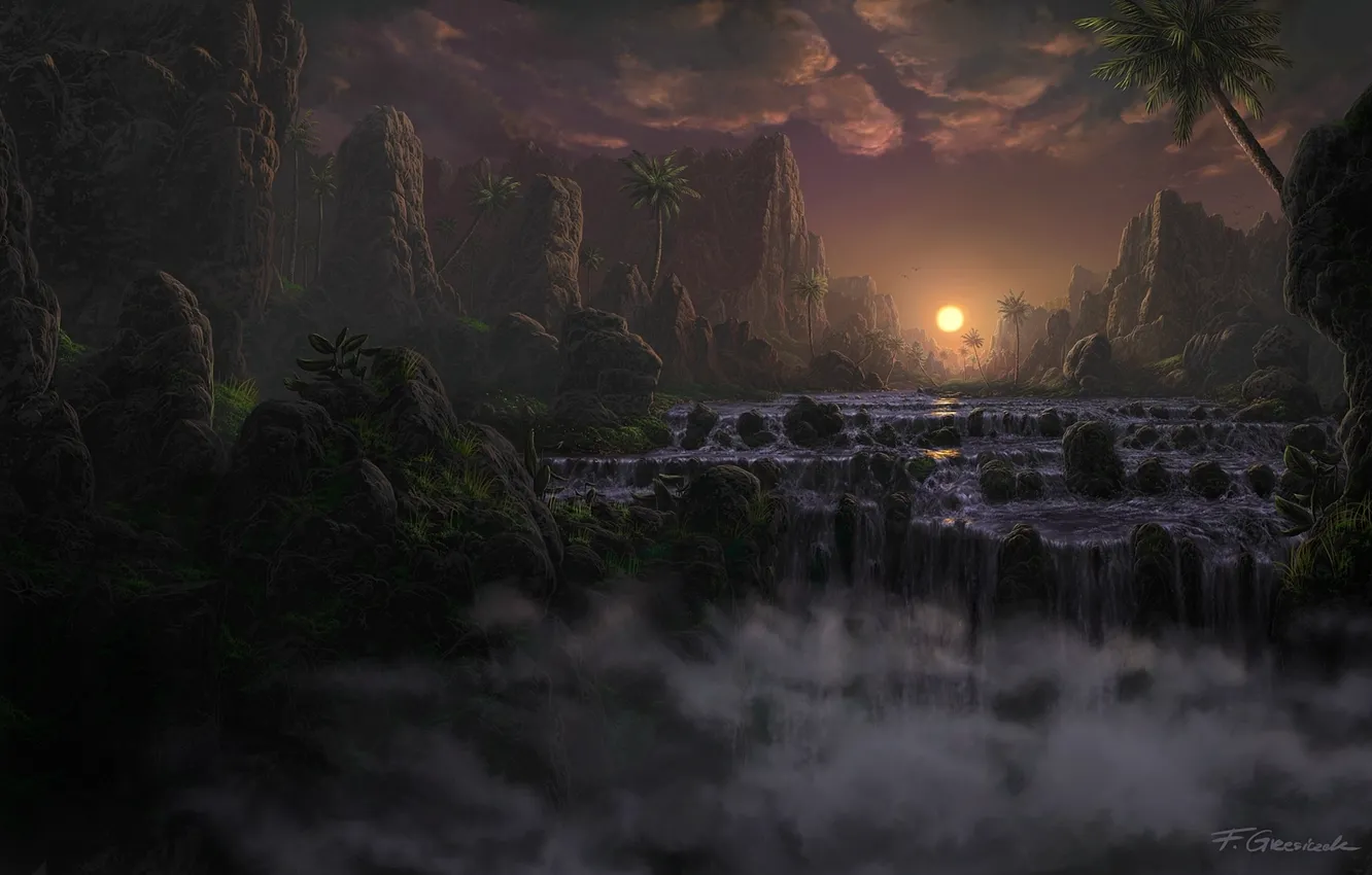 Фото обои пейзаж, закат, река, камни, пальмы, скалы, водопад, вечер