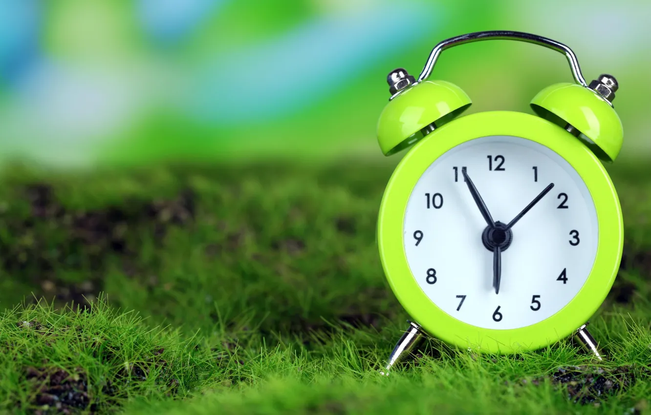 Фото обои трава, время, часы, утро, будильник