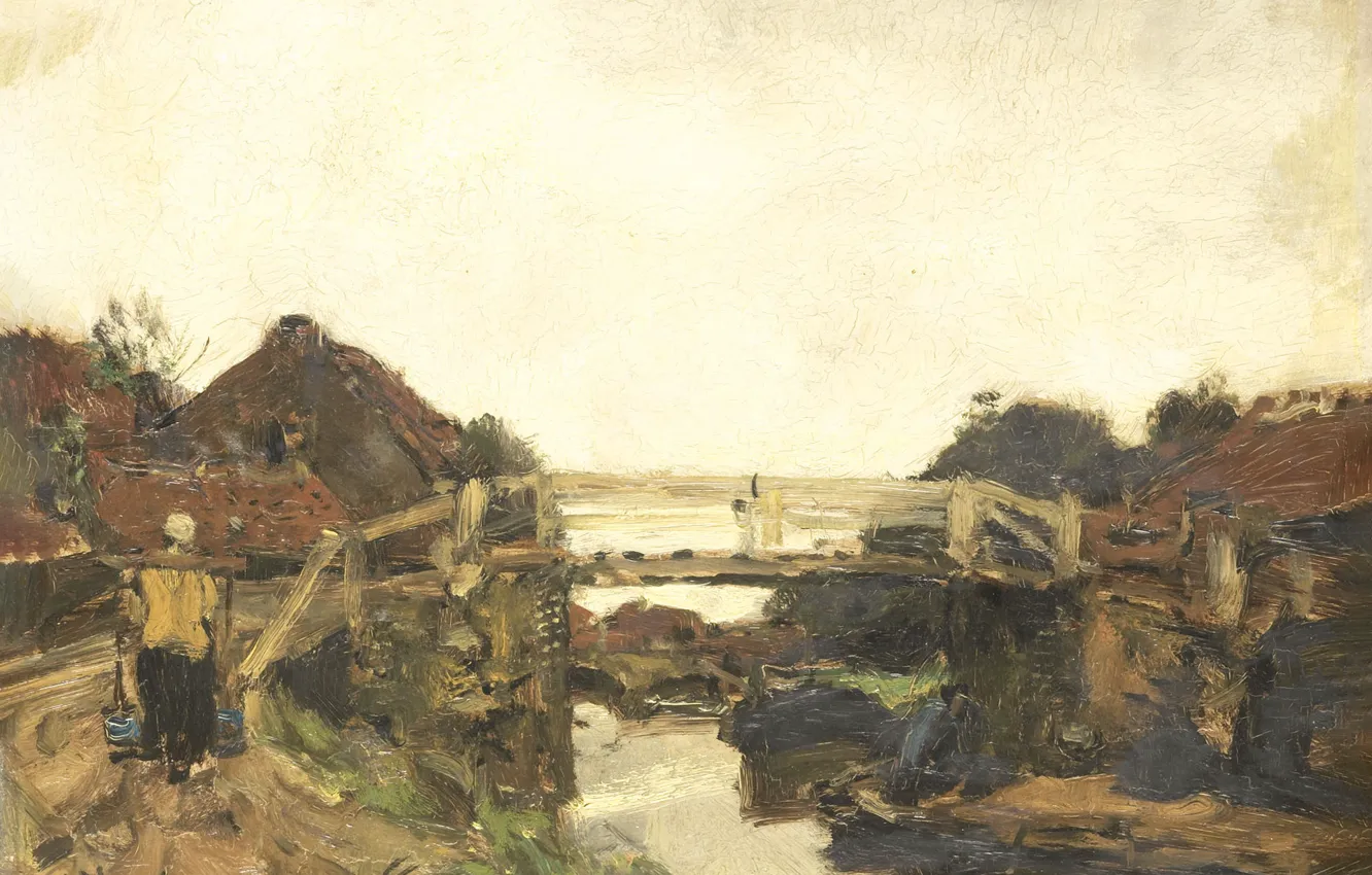Фото обои пейзаж, масло, картина, 1878, Якоб Хендрикус Марис, Jacob Maris, Якоб Марис, Деревянный мост