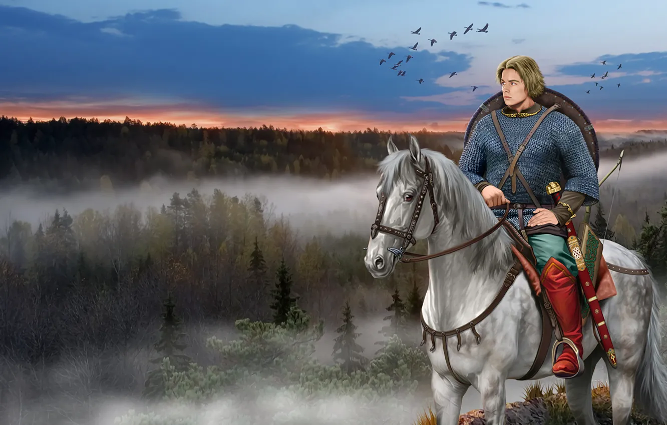 Фото обои Лошадь, Лес, Меч, Кольчуга, Щит, Древняя Русь, Cлавянский Воин