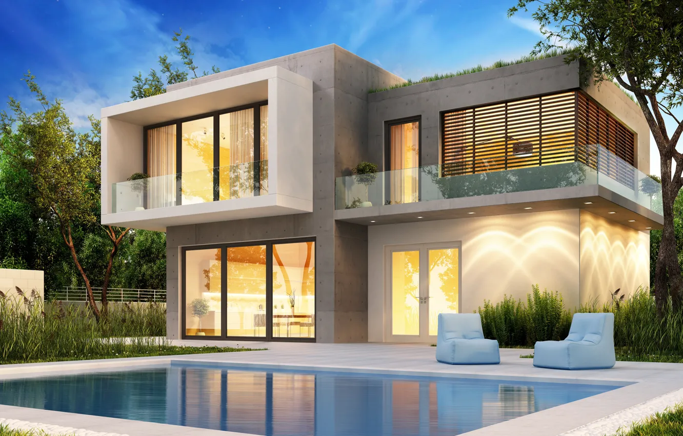 Фото обои дизайн, дом, газон, вилла, бассейн, modern, houses, villa