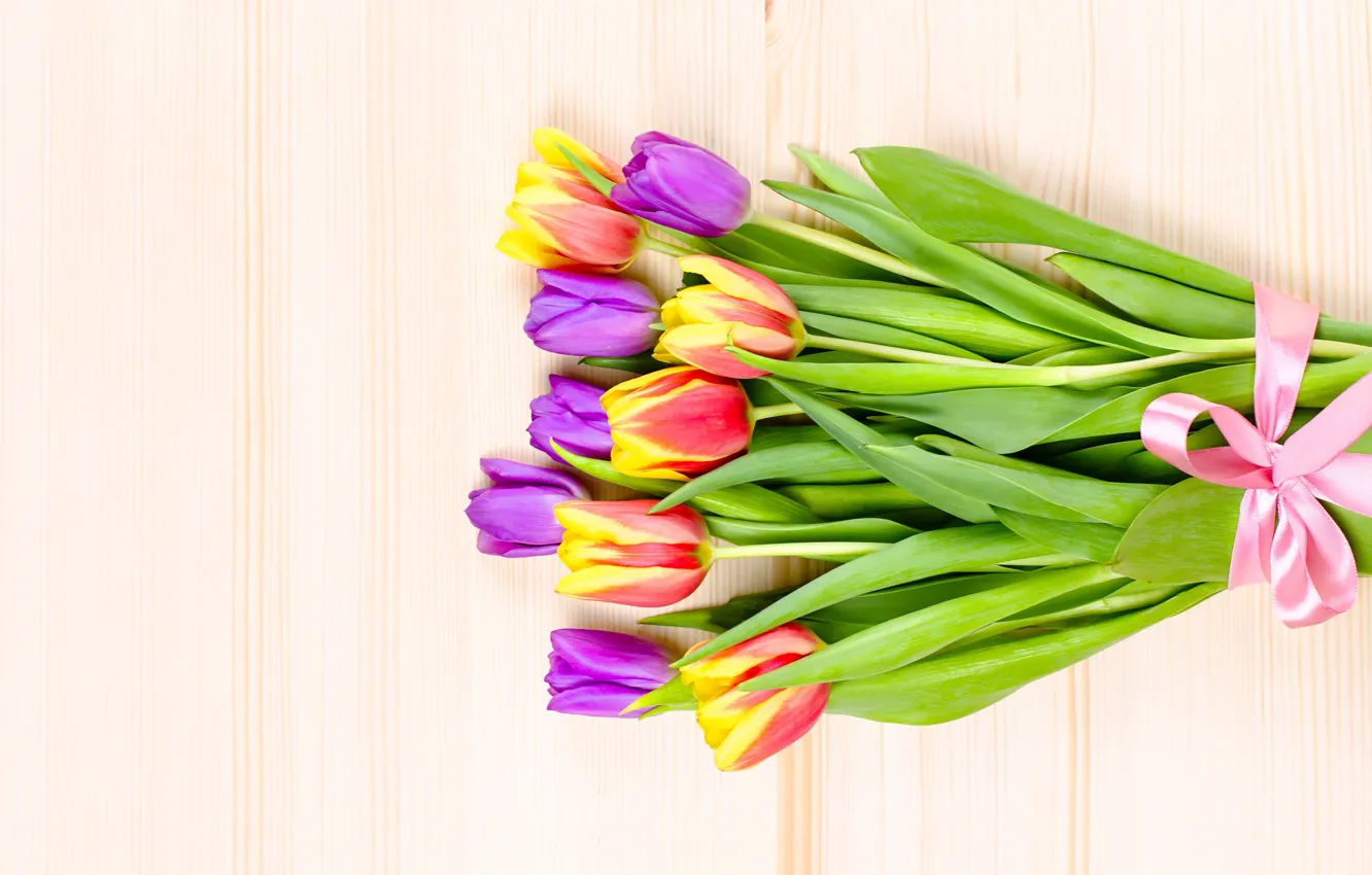 Фото обои цветы, букет, желтые, фиолетовые, лента, тюльпаны, flower, yellow