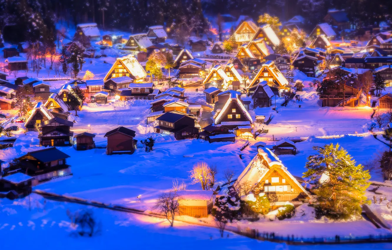 Фото обои зима, снег, огни, Новый Год, Рождество, иллюминация, рождественская деревня